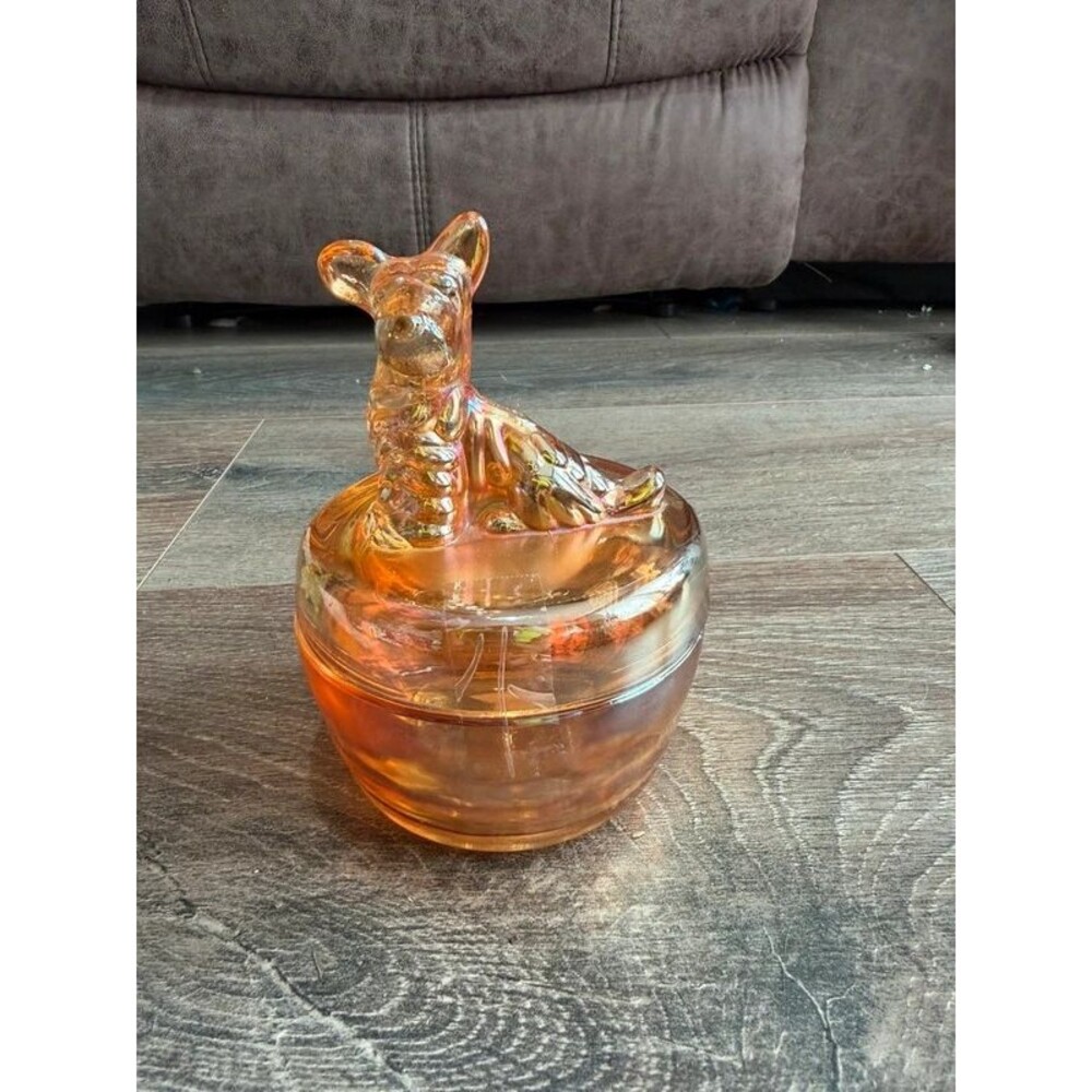 Vintage Jeannette Marigold Carnival Glass Scottie Dog Powder Box | Iridescent Tr